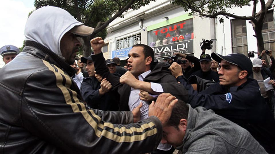Algerische Polizisten verhaften einen Demonstranten während einer Demonstration gegen den algerischen Präsidenten Abdelaziz Bouteflika in Algier, Algerien, am 6. März 2014.
