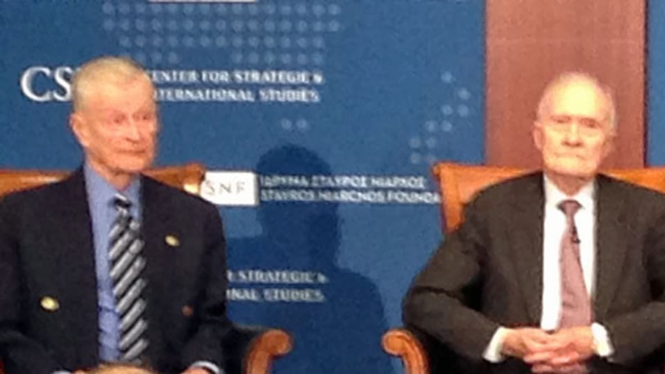 Zbigniew Brzezinksy und Brent Scowcroft, am Mittwoch, 19. März in Washington.