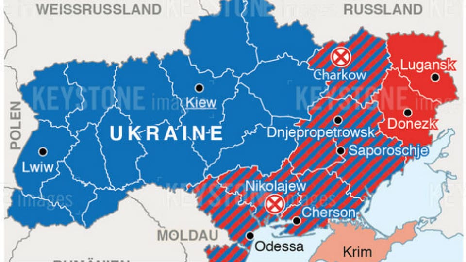 Karte mit pro-ukrainischen und pro-russischen Gebieten und Orten mit Ausschreitungen.
