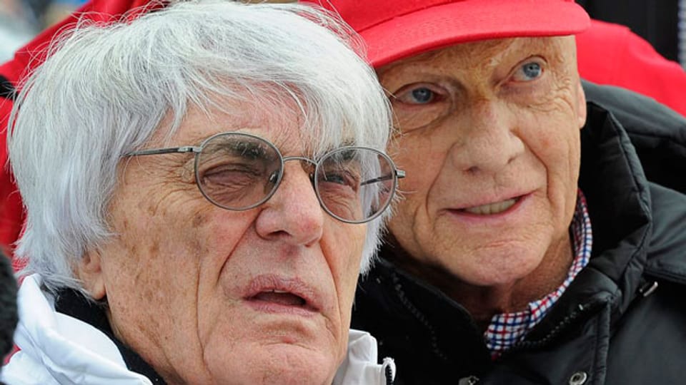 Formel 1-Chef Bernie Ecclestone (links) und der ehemalige österreichische Formel 1-Fahrer Niki am 25. Januar 2014.
