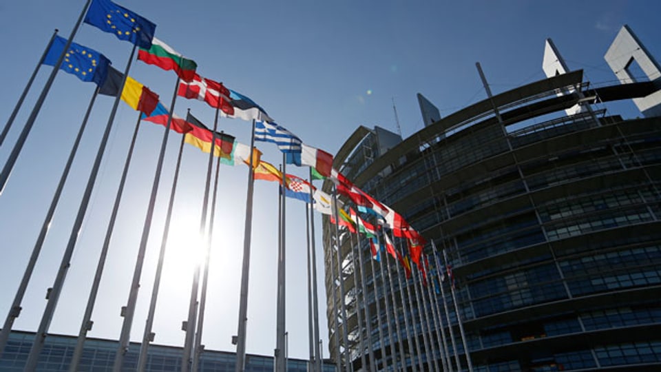 Flaggen der EU-Mitgliedsstaaten vor dem Gebäude des Europäischen Parlaments in Strassburg, 15. April 2014.