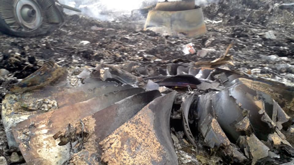 Wrackteile der abgestürzten Boeing 777 in der Region Donezk, Ukraine. Das Unglück forderte 298 Todesopfer.