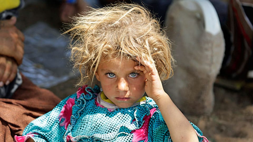 Ein jesidisches Mädchen an der Grenze zwischen Irak und Syrien. Viele Jesiden waren vor den IS-Terroristen ins nordirakische Sinjar-Gebirge geflohen, wo sie zu verdursten und zu verhungern drohten.  Die  kurdischen Milizen haben dann mit Hilfe der USA den Weg zum Tibris freigemacht. Dort gibt es inzwischen provisorische Flüchtlingsunterkünfte.