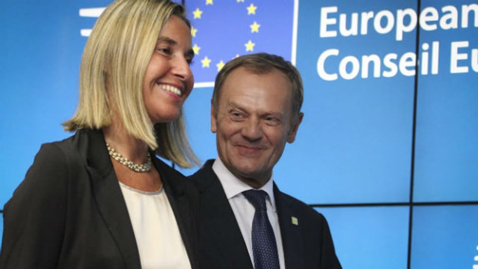 Mogherini und Tusk nach ihrer Wahl an die EU-Spitze.