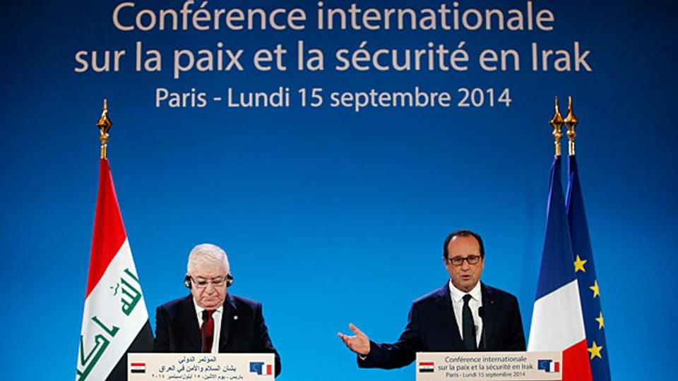 Der irakische Präsident Fuad Masum und Frankreichs Präsident François Hollande bei der Eröffnung der Konferenz für Frieden und Sicherheit in Irak.