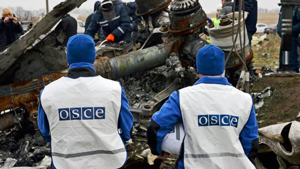 OSZE-Mitglieder an der Absturzstelle der Malaysia Airlines. Am 16. November 2014, vier Monate, nachdem das Flugzeug agestürzt war.