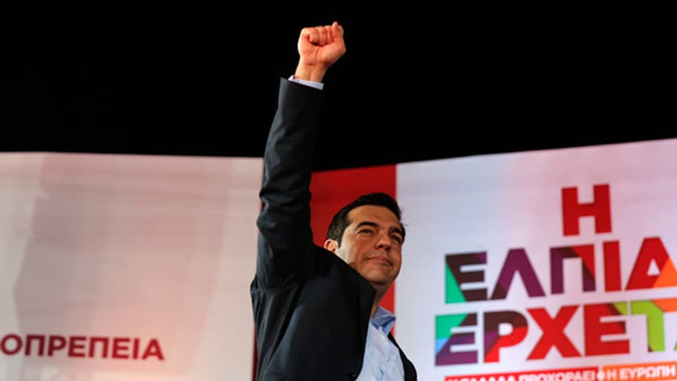 Alexis Tsipras, Oppositionsführer und Chef der linksradikalen Partei während einer Wahlkampfveranstaltung im Zentrum von Athen am 22. Januar 2015.