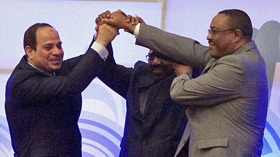 Die Staatsoberhäupter Sudans, Ägyptens und Äthiopiens reichen sich die Hände - siegesgewiss über dem Kopf. Ein Foto mit Seltenheitswert.