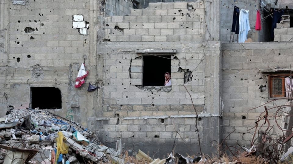 Eine Frau schaut aus einem zerstörten Gebäude nach dem Gaza-Konflikt 2014.