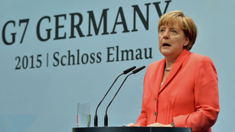 Die deutsche Bundeskanzlerin Angela Merkel an der Schlussmedienkonferenz des G7-Gipfels in Garmisch-Partenkirchen.