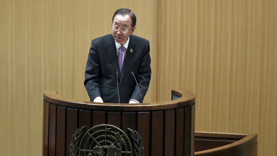 Uno-Generalsekretär Ban Ki-Moon bei seiner Eröffnungsrede des Uno-Gipfels. 13.07.2015.