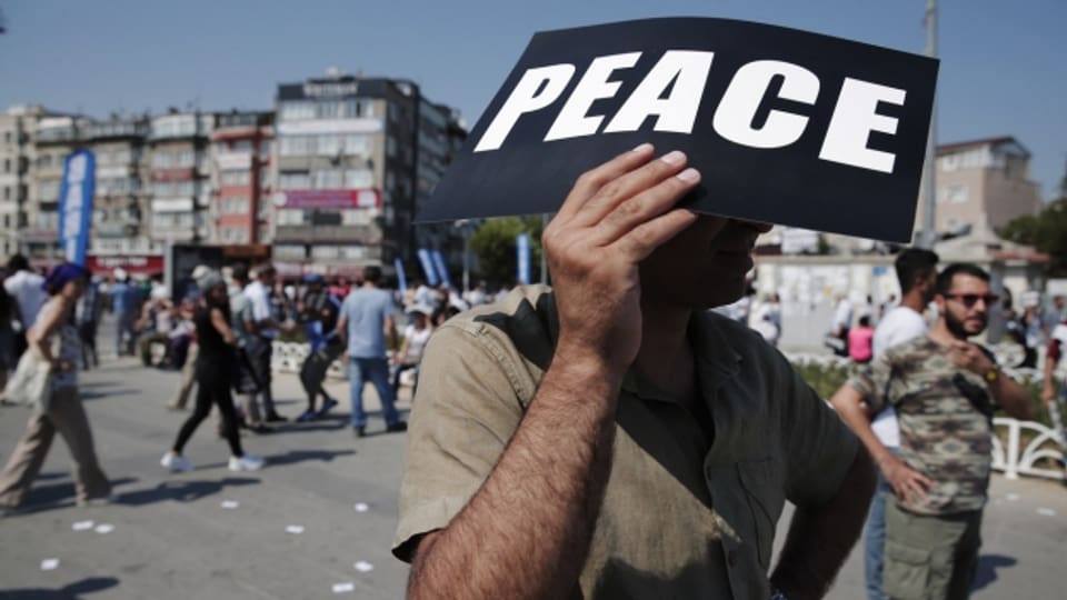 Ein Demonstrant in Istanbul hält zum Schutz vor der Sonne ein Plakat auf