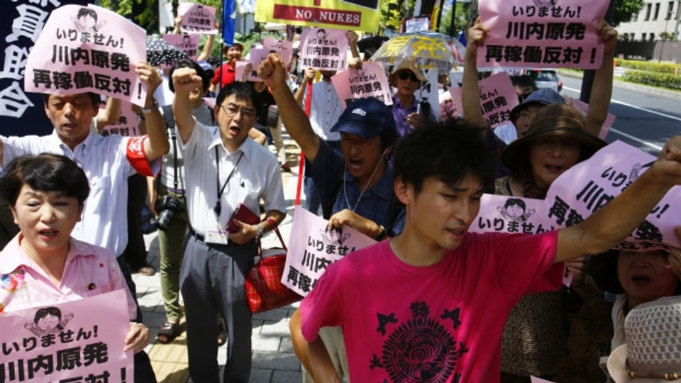 Menschen protestieren in Tokio gegen atomare Energie.