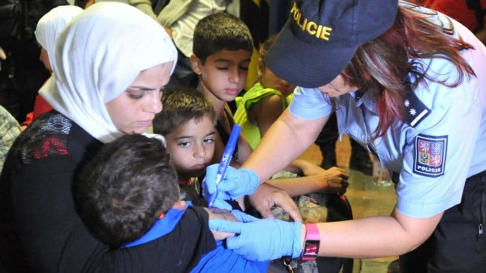 Nummer auf dem Arm: Eine Polizistin kennzeichnet einen kleinen Jungen an der tschechisch-österreichischen Grenze als Flüchtling.