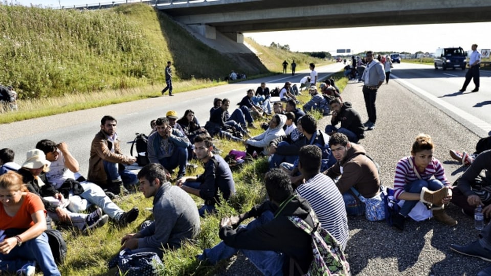 Flüchtlinge auf ihrem Weg durch Dänemark nach Schweden.