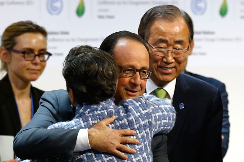 Freude nach Annahme des Klimavertrags in Paris