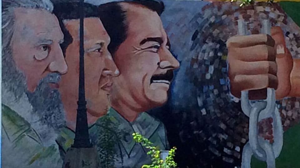 Wandbild Castro, Chávez und Ortega.
