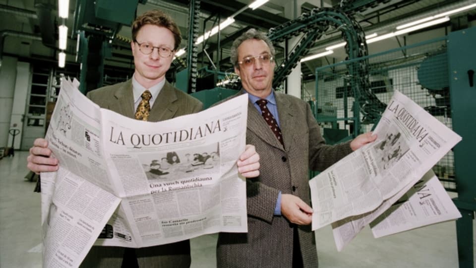 Im Januar 1997 erscheint zum ersten Mal «La Quotidiana» in Chur. Im Bild der damalige Chefredaktor Enrico Kopatz und Verleger Hanspeter Lebrument.
