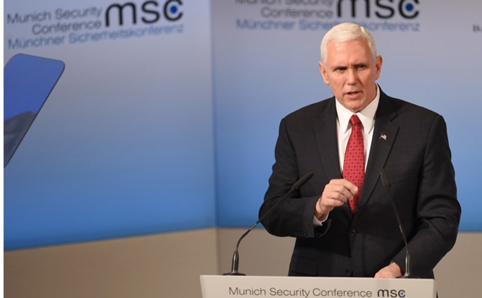 US-Vizepräsident Mike Pence bei seiner Grundsatzrede an der Münchner Sicherheitskonferenz im Hotel Bayrischer Hof.
