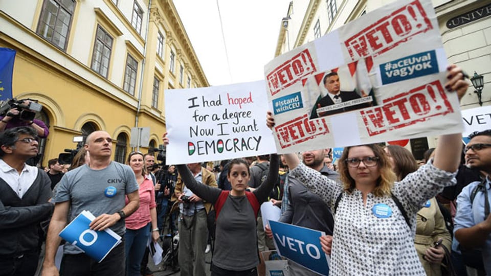 Eine Frau hält ein Plakat mit einem Photo des ungarischen Premierminister Viktor Orban anlässlich einer Demonstration im April 2017.