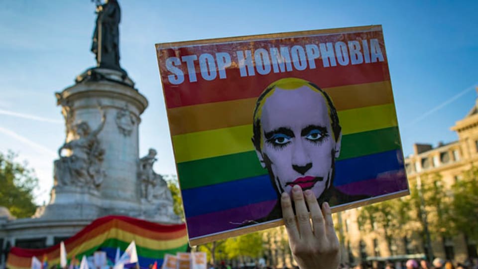Plakat gegen Homophobie in Russland an der Demonstration vom 20. April 2017 in Paris.