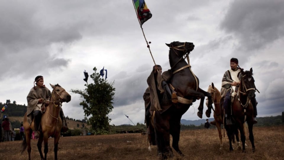 Spirituelle Zeremonie zu Pferd: Mapuche-Indios in Chile tragen die indigene Flagge, die vom Traum einer Mapuche-Nation zeugt.
