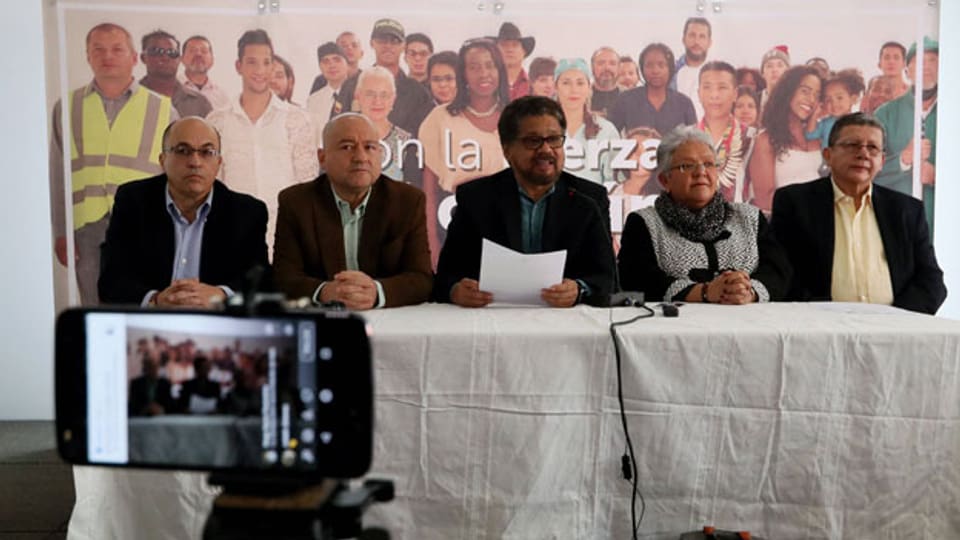 Pressekonferenz ehemalige FARC--Guerrilleros zu Wahlen in Bogota, Kolumbien