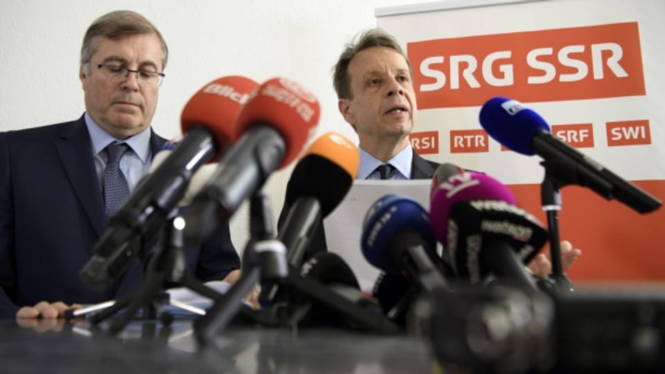 SRG-Präsident Jean-Michel und Direktor Gilles Marchand nehmen Stellung zum Sparprogramm.