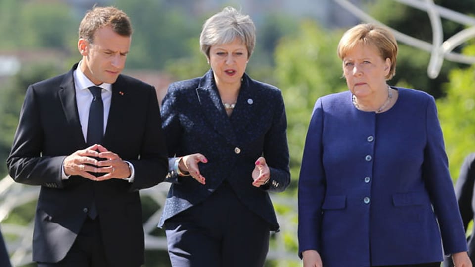 Frankreichs Präsident Emmanuel Macron, die britische Premierministerin Theresa May und Bundeskanzlerin Angela Merkel in Sofia, Bulgarien (von links).