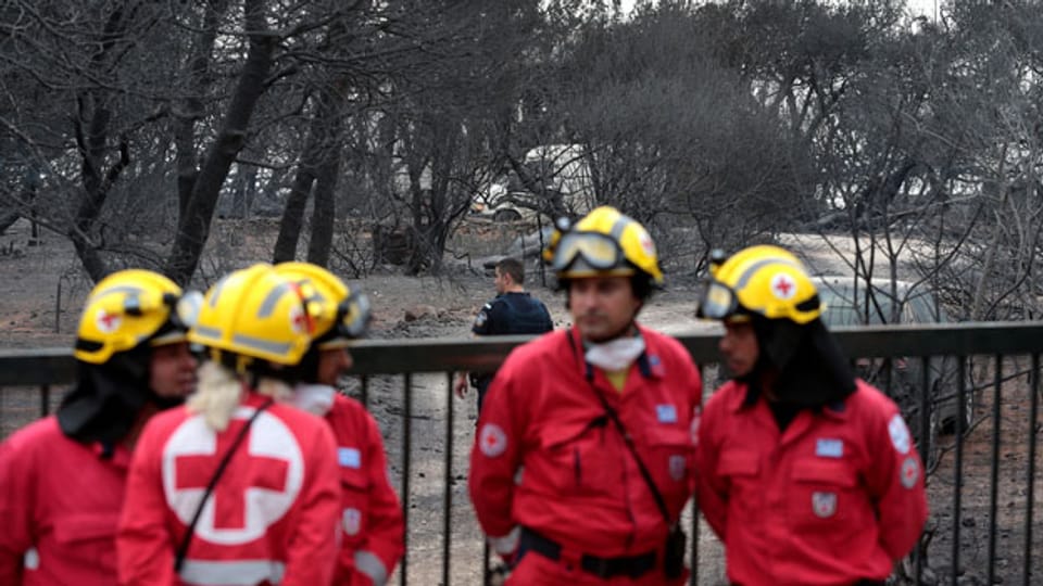Mitglieder des Roten Kreuzes durchsuchen das Gebiet nach Vermissten.