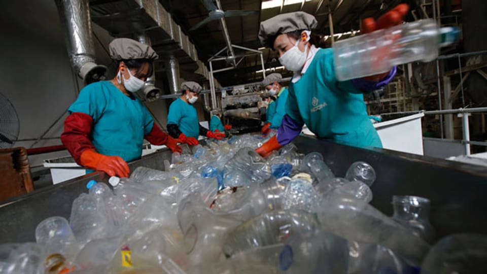 Arbeiter sortieren Kunststoff-PET-Flaschen in Asiens grösstem PET-Kunststoffrecycling-Werk INCOM Resources Recovery in Peking.