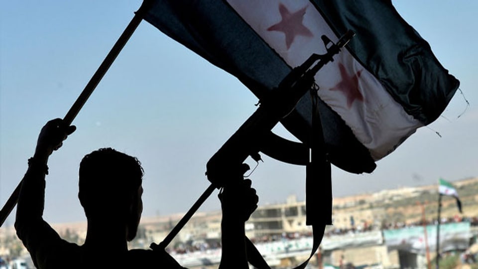 Ein bewaffneter Mann hält die syrische Fahne in die Höhe.