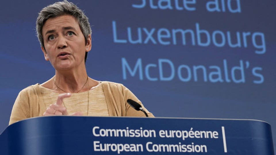Margrethe Vestager, EU-Wettbewerbskommissarin, gibt am 19. September 2018 in Brüssel, Belgien, eine Pressekonferenz zu Luxemburgs staatlichen Beihilfen für McDonald's.