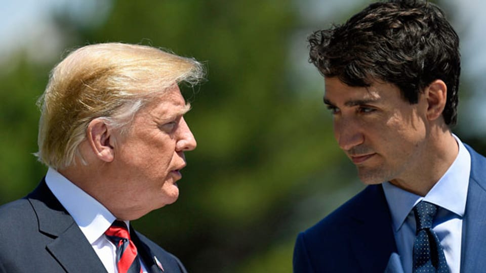 US-Präsident Donald Trump (li) und der kanadische Premierminister Justin Trudeau auf dem G7-Gipfel in Kanada 08. Juni 2018: Die Vereinigten Staaten haben am 30. September ein Handelsabkommen geschlossen, um das nordamerikanische Freihandelsabkommen (NAFTA) durch das neue Abkommen zwischen den Vereinigten Staaten, Mexiko und Kanada (USMCA) zu ersetzen.