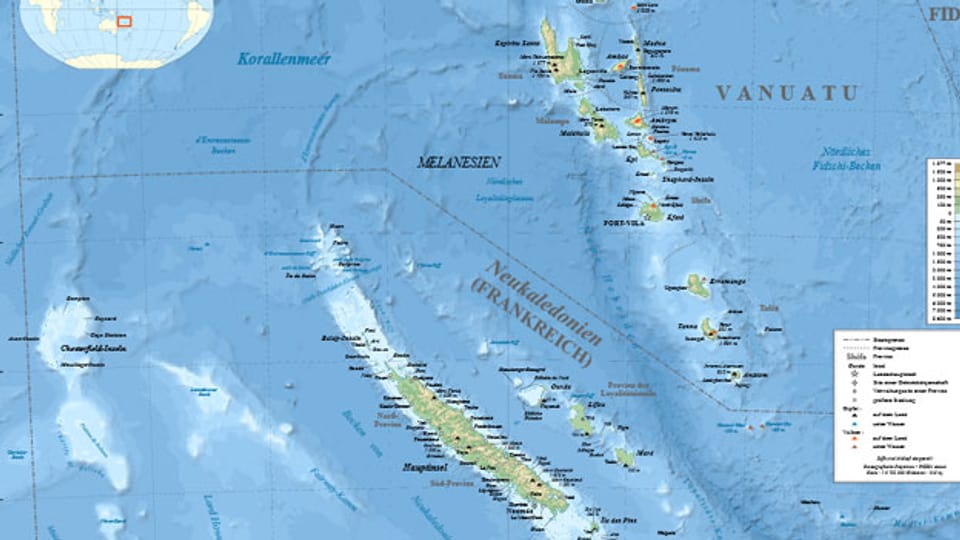 Kartenausschnitt von Neukaledonien, der langgezogenen Inselgruppe neben Australien.