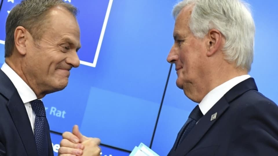 Handschlag in Brüssel: Donald Tusk und Chefunterhändler Michel Barnier
