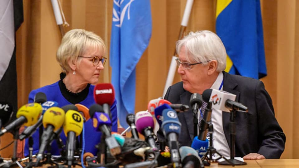 Die schwedische Aussenministerin Margot Wallström und der UN-Gesandte Martin Griffiths an den Jemen-Friedensgesprächen in Rimbo, Schweden.
