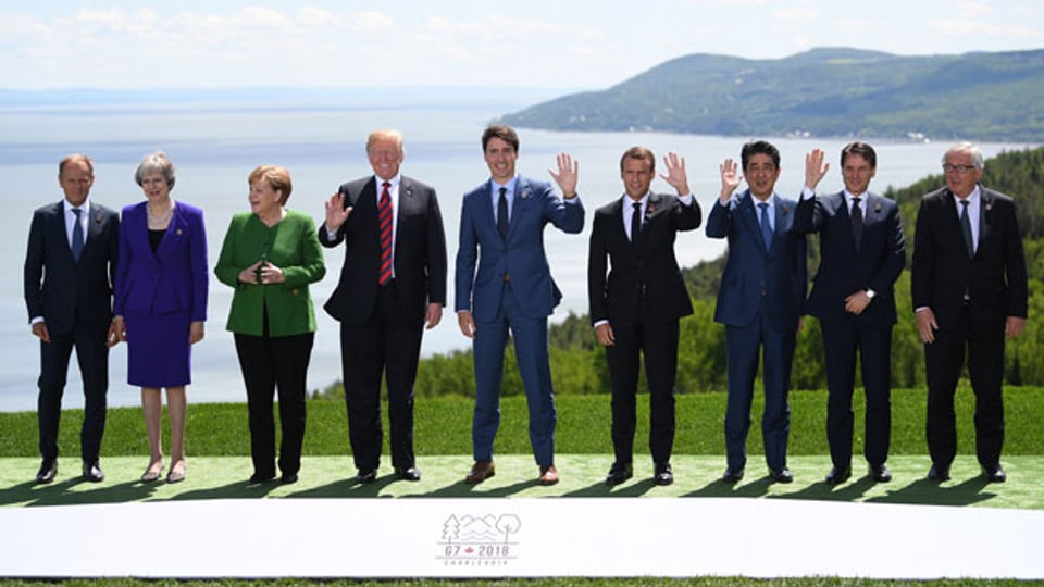 Die  G7-Teilnehmer in Charlevoix in Kanada im Juni 2018.