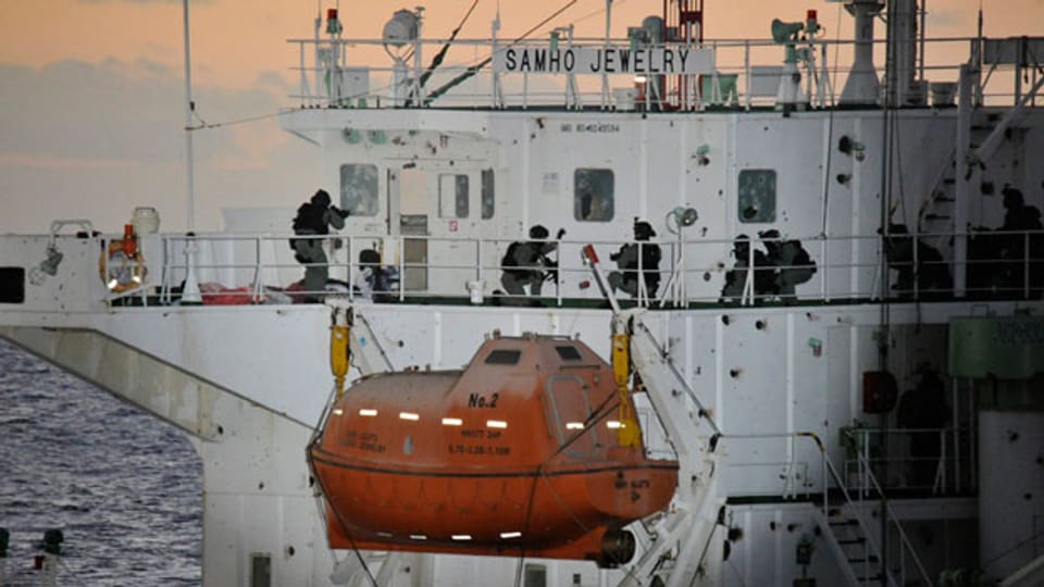 Mitglieder südkoreanischer Marine-Spezialeinheiten retten ein von somalischen Piraten entführtes Frachtschiff.