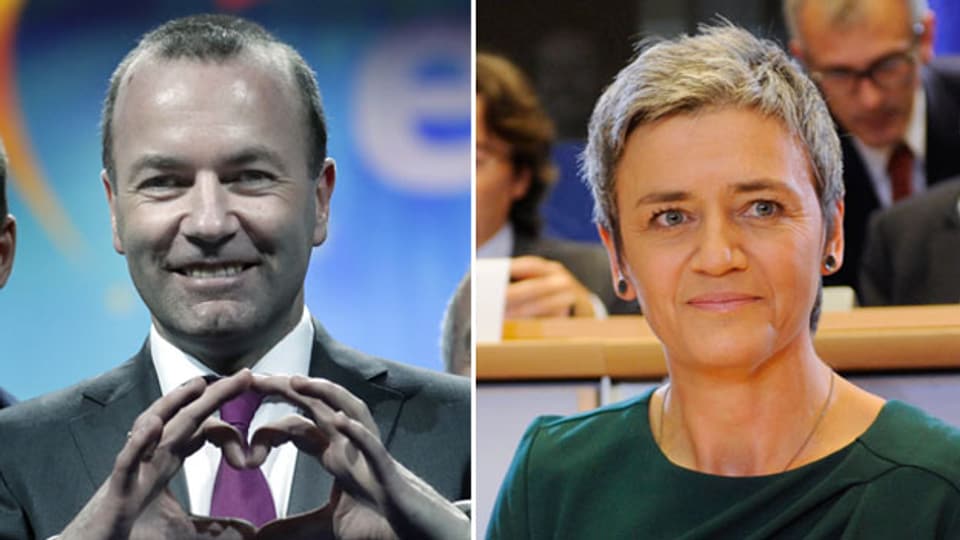 EVP-Spitzenkandidat Manfred Weber und Wettbewerbskommissarin Margrethe Vestager.