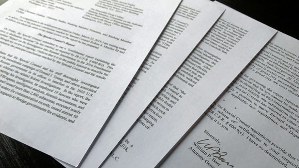 Die Unterschrift des US-Generalstaatsanwalts William Barr am Ende seines vierseitigen Briefs an die US-Kongressführer zu den Schlussfolgerungen des Berichts des Sonderberaters Robert Mueller über die Einmischung Russlands bei den Wahlen 2016.