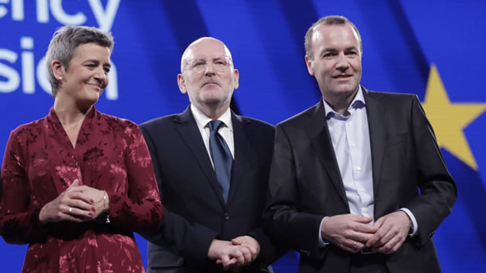 Margarete Vestager, Frans Timmermans und Manfred Weber (von links).
