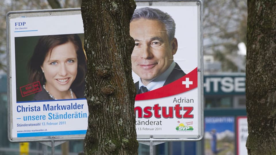 Wahlplakat zur Ständeratsersatzwahl 2011 der Nationalräte Christa Markwalder (links) und Adrian Amstutz.