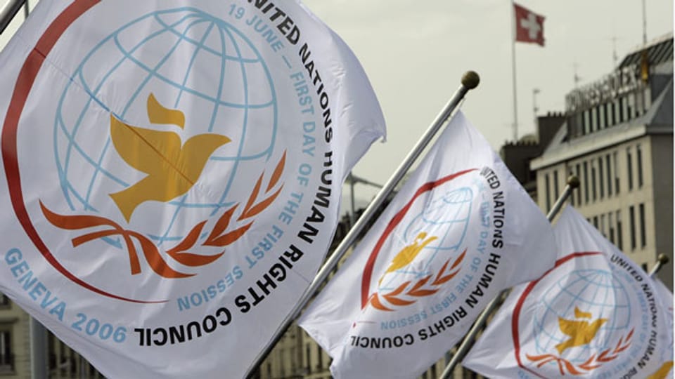 Fahnen mit dem Logo des Uno-Menschenrechtsrats in Genf.