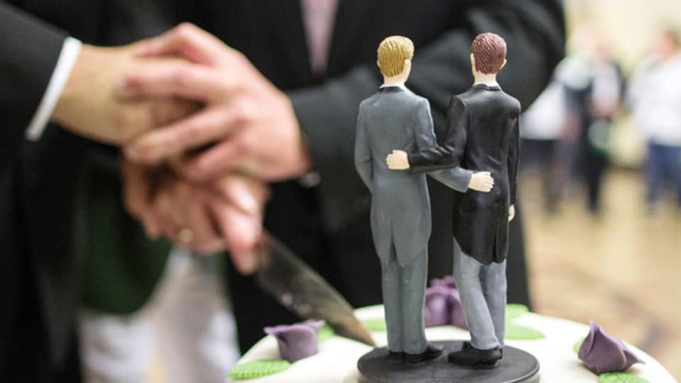 Zwei Männer schneiden nach ihrer Eheschliessung eine Hochzeitstorte an.