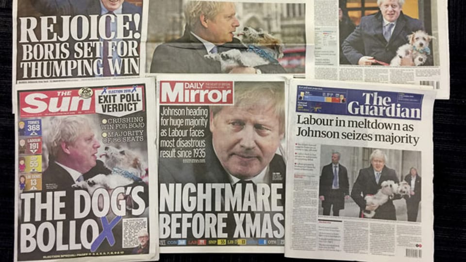 Britische Zeitungen am Freitag, den 13. Dezember 2019, die alle über den Wahlsieg von Premierminister Boris Johnson schreiben.