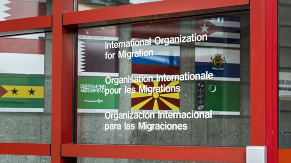 Eingang zum Internationalen Büro für Migration (IOM) in Genf.