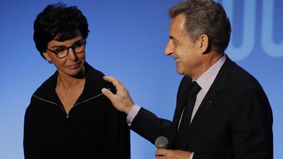 Frankreichs Ex-Präsident Nicolas Sarkozy, (rechts) und Pariser Bürgermeisterkandidatin Rachida Dati am 9. März, als Kandidatin der konservativen Partei „Les Republicains“.