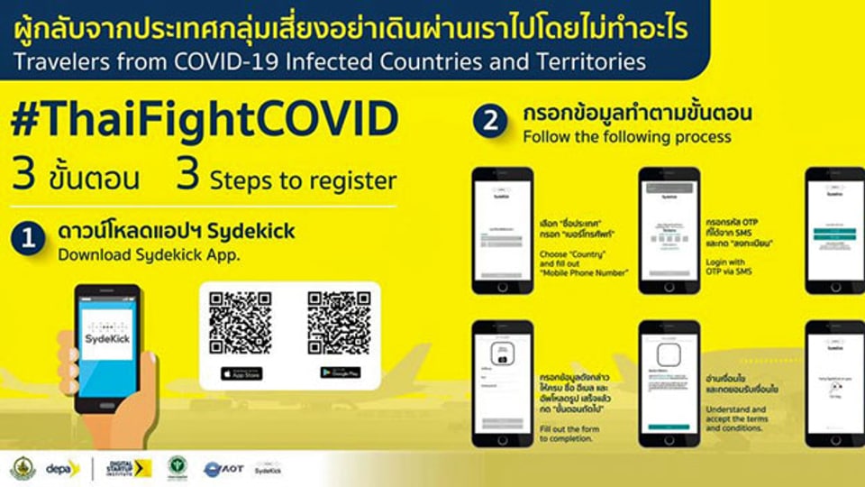 SydeKick for ThaiFightCOVID in Thailand. Einreisende müssen die App auf dem Smartphone installieren.