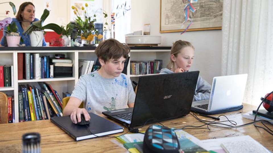 Kinder machen ihre Hausaufgaben zu Hause am PC.